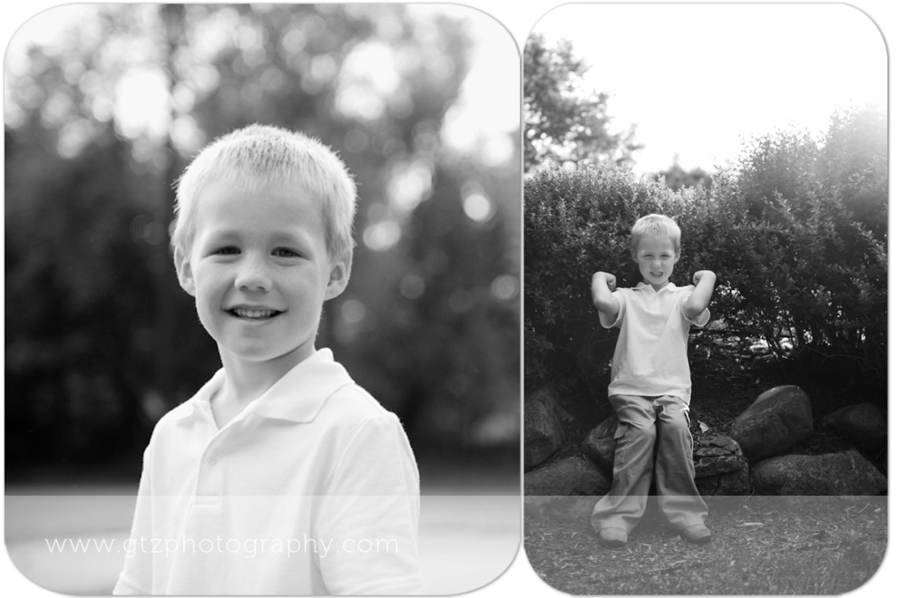 Composite black and whites of little boy portrait, showing off muscles